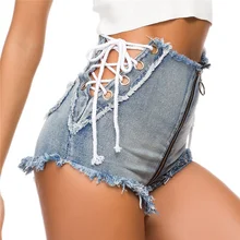 

Sexy Lace Up Hollow Out Shorts Jeans Summer Women Mini Blue Denim Hot Shorts Bandage Distressed Club Skinny Jean Shorts Female