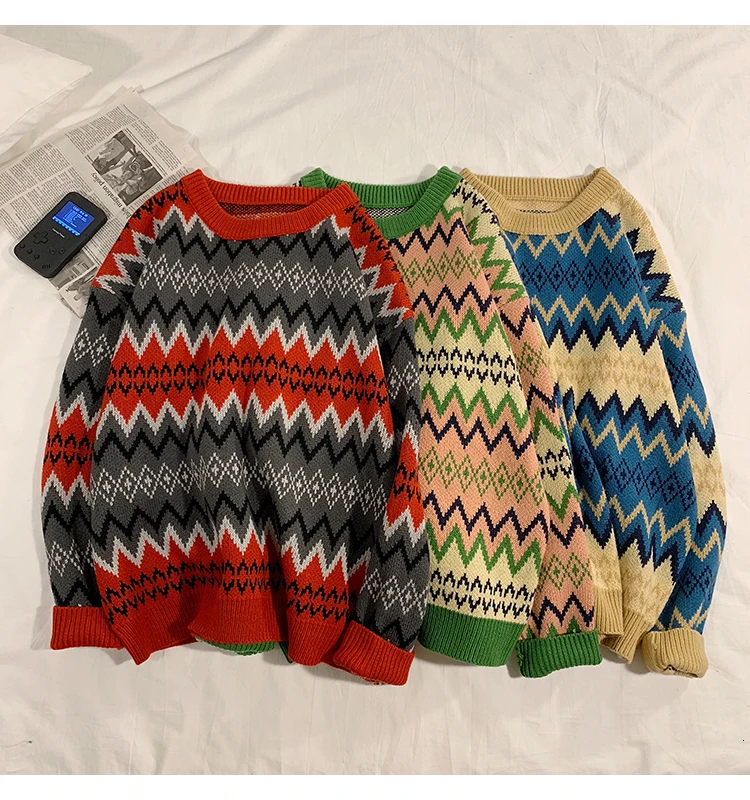 Sweater Men's Warm Fashion Contrast Color Casual Retro O-neck Knit Pullover Men Loose Knitting Sweaters Male Sweter Clothes