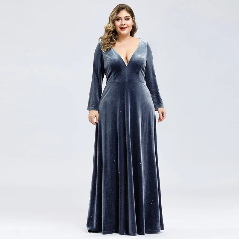 

Europe And America Spring New Style Large Size Suede Dusting Powder Lace Joint Long Sleeve V-neck Evening Gown Women's Thick-