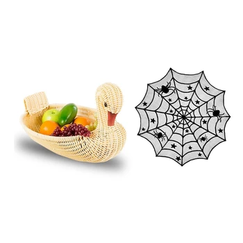 

1Pcs Animal Shape Imitation Rattan Woven Basket & 1Pcs Black Lace Table Covers for Halloween Decoration