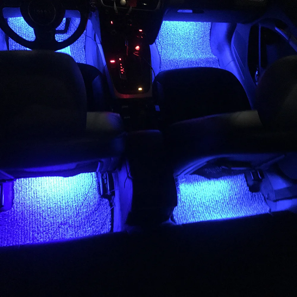 Автомобильный RGB светодиодный ленточный светильник для стайлинга автомобиля, декоративные автомобильные атмосферные лампы, автомобильный интерьерный напольный светильник с беспроводным пультом дистанционного управления