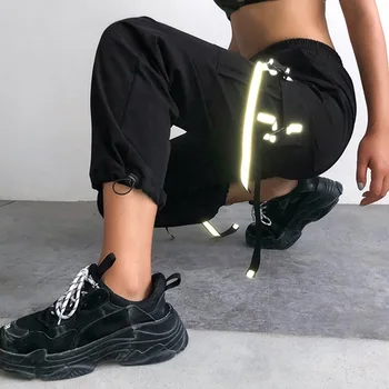 

Streetwear Harajuku BF Loose Hearm Pants Reflective Cargo Pants Women Hip Pop Ribbon Joggers Belt Buckle Female Trousers