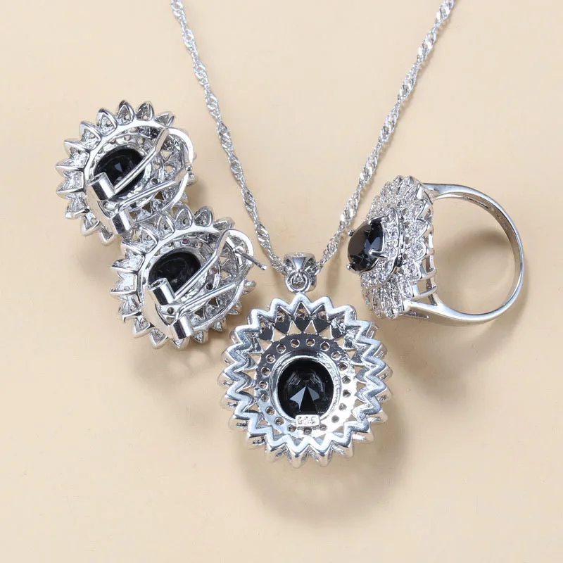 Occident Style Big Jewelry Sets 925 Silver Fashion Vintage Zircon Clip Earrings Necklace And Pendant Ring Women Gift jewelry set,silver jewelry,silver jewelry set,crystal jewelry set