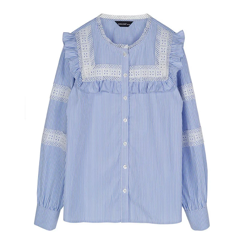 TVVOVVIN Round Neck Long Sleeve Striped Stitching Lace Ruffled Woman Shirt Casual Wild Sweet Fashion Autumn Blouse New D356