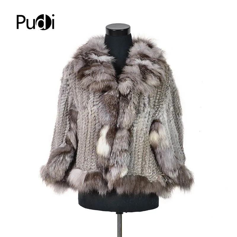 

CK709 NEW real rabbit fur knitted shawls /poncho with real fox fur collar women's fashion solid Scarves & Wraps