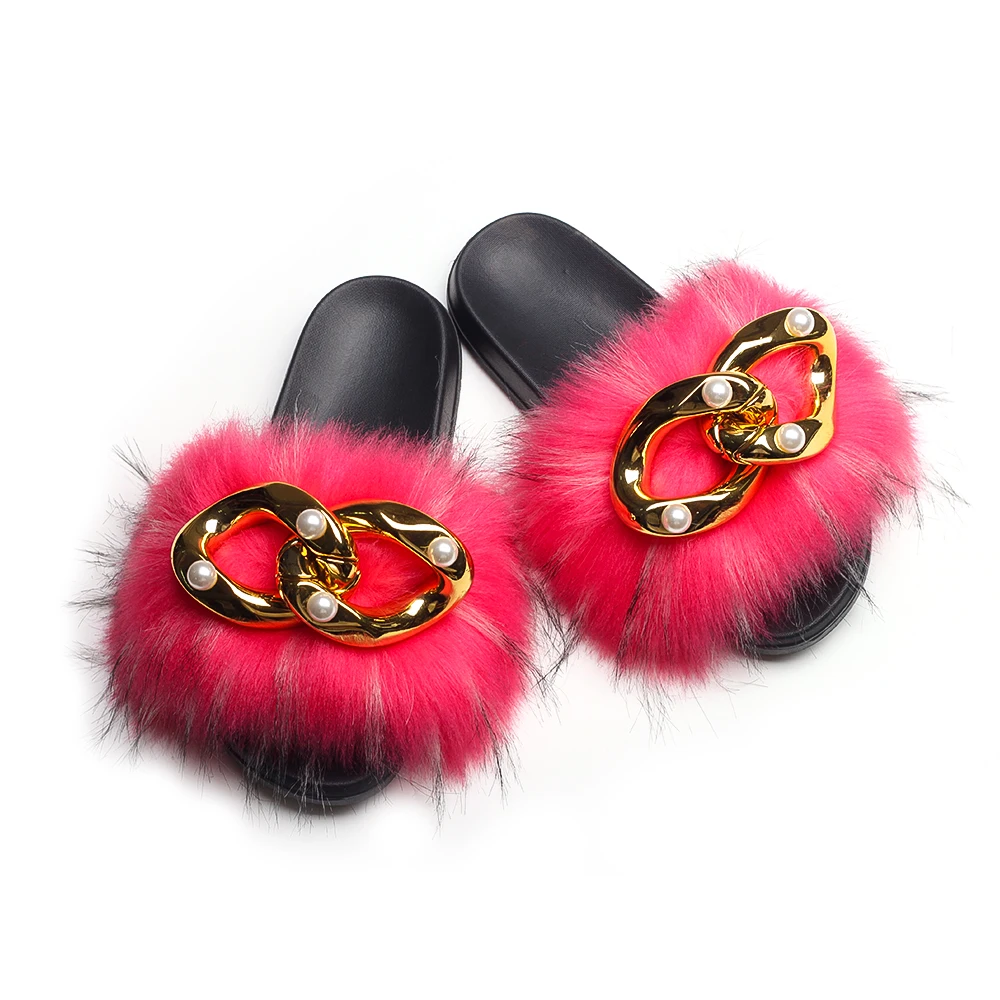 

ETHEL ANDERSON Womens Real Fox Raccoon Fur Slippers Slides Summer Beach Flip Flops Casual Cute Fur Sandals Plush Shoes