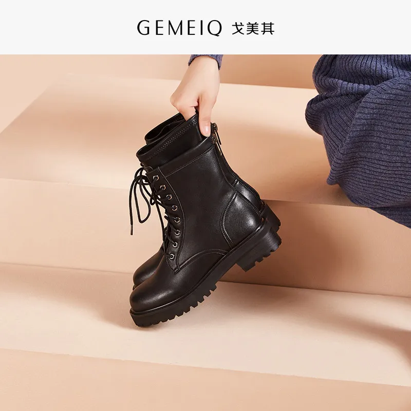 GEMEIQ Women's Boots Genuine Leather zipper short barrel with Martin Boots Women's Winter New High Heel Leisure Boots