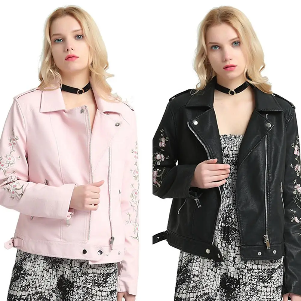 

Punk Style Faux Soft Leather Jacket Coat Women Floral Embroidery PU Motorcycle Casual Loose Long Sleeve Zipper Outerwear Jackets