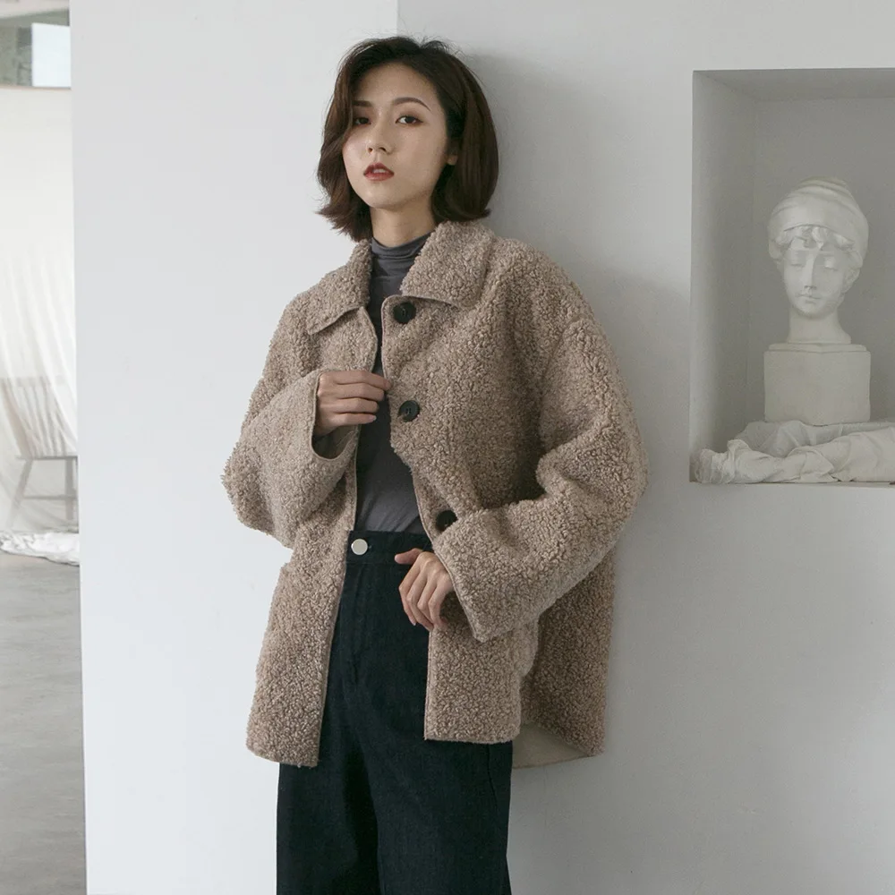 

Fur jacekt coat women girls winter faux sheep fur warm thick short jaket beige khaki color oversize 2019 new