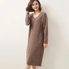

Autumn Winter 100% Wool Sweater Dress Long Pullovers Elegant Knit Straight Dress Women V-neck Loose Warm Casual Chic Dresses