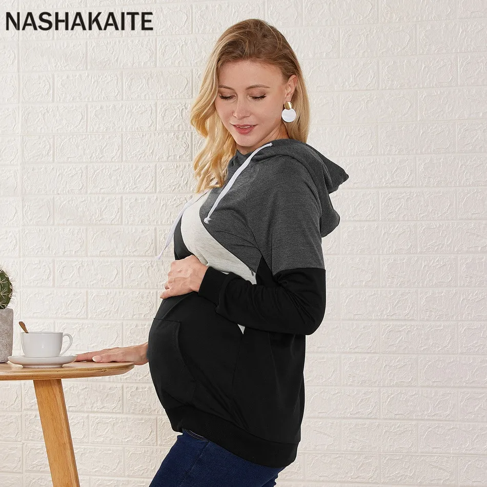 NASHAKAITE/Одежда для беременных на молнии с завязками; модная контрастная Толстовка для беременных с длинными рукавами; топы для кормления грудью; толстовки с капюшоном