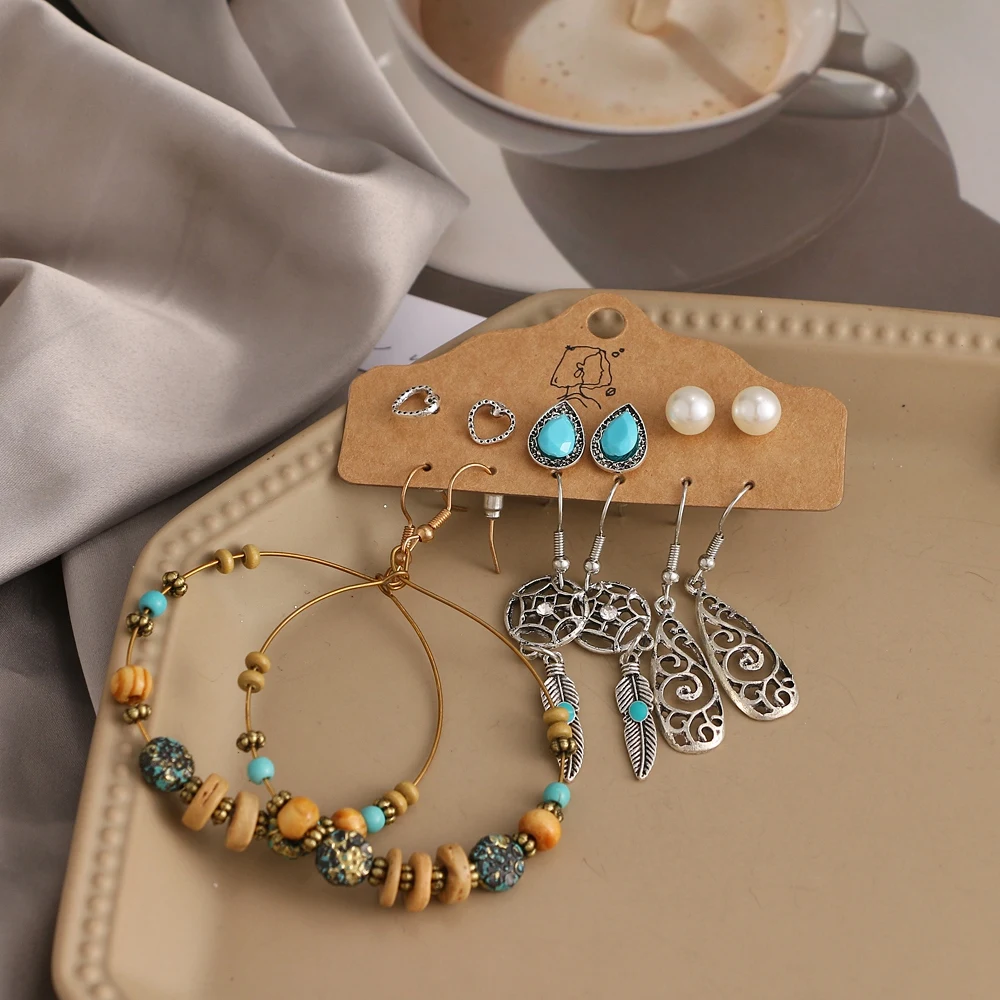 Vintage Bohemian Dangle Earrings Set For Women Punk Ethnic Leaf Stone Drop Earring