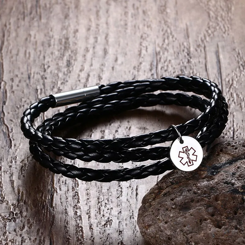 Personalized Black Woven Leather Triple Wrap Medical Alert Bracelet For