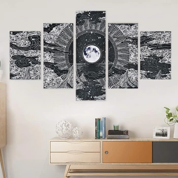 

Moon Star Wall Art 5 Pieces Frameless Black White Abstract Canvas Paintings Mountain and Clouds Picture Prints Live Room Decor