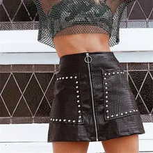 Короткая женская юбка из искусственной кожи, Сексуальная мини-юбка, модная юбка на молнии спереди с заклепками и карманами, Женская винтажная уличная одежда