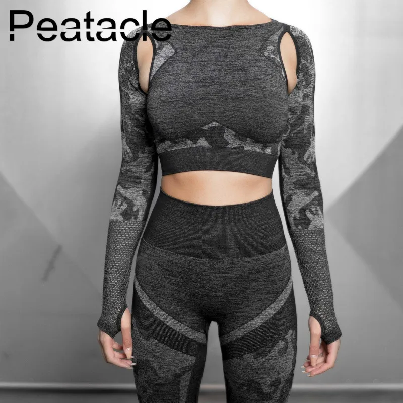 Peatacle, женские рубашки для тренировок, длинный рукав, для йоги, фитнеса, укороченный топ, футболка, для спортзала, сексуальная одежда, сетка, для спорта, бега