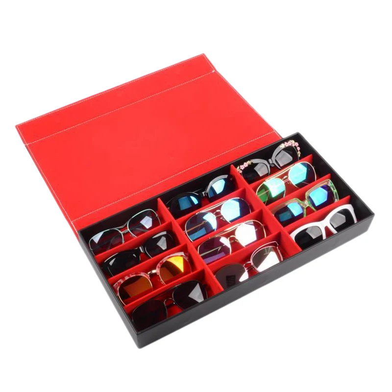 

12-Slot Plaid Jewelry Sunglasses Glasses Storage Box Eyes Wear Display Tray Watch Storage Bag PU Leather Gifts Red