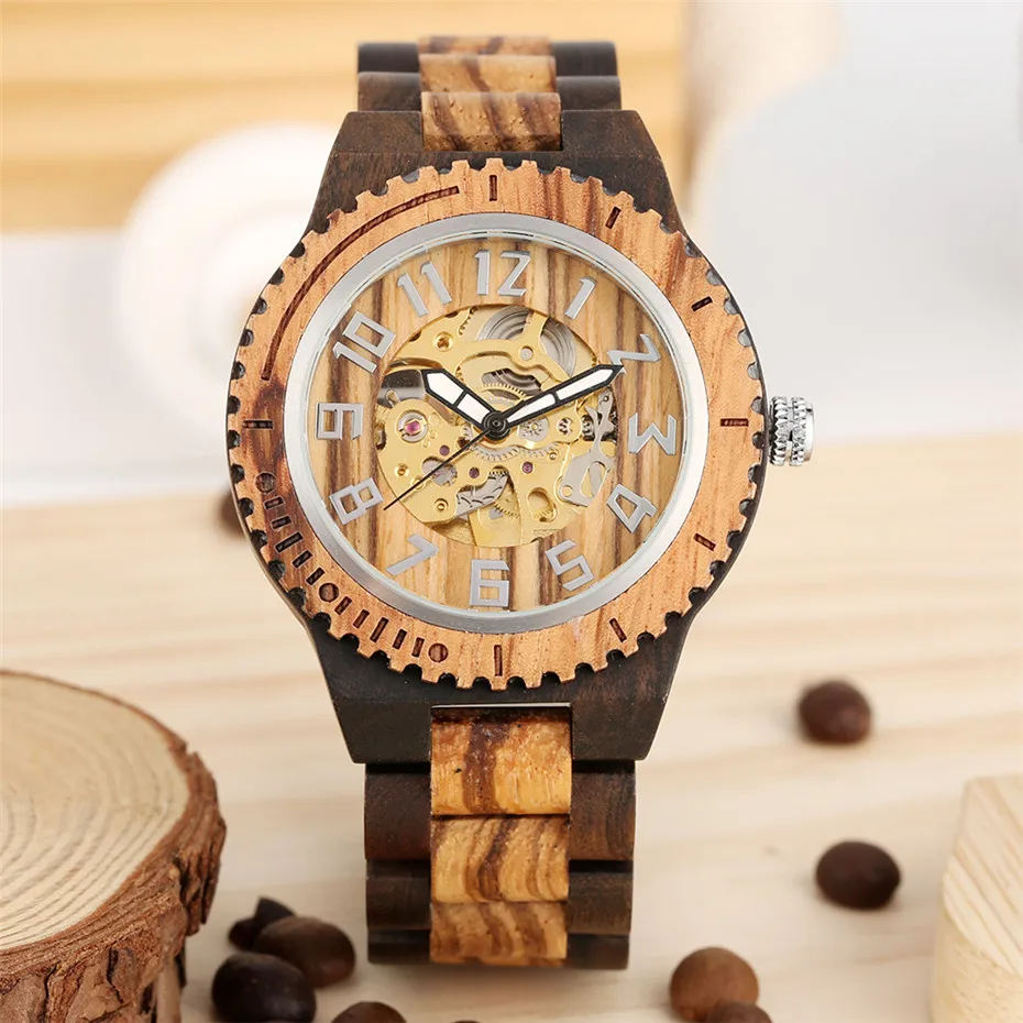 

Self-Winding Wood Watch Men Mechanical Wooden Bangle Timepieces Arabic Numerals Skeleton Dial Luxury Male Automatic Clock