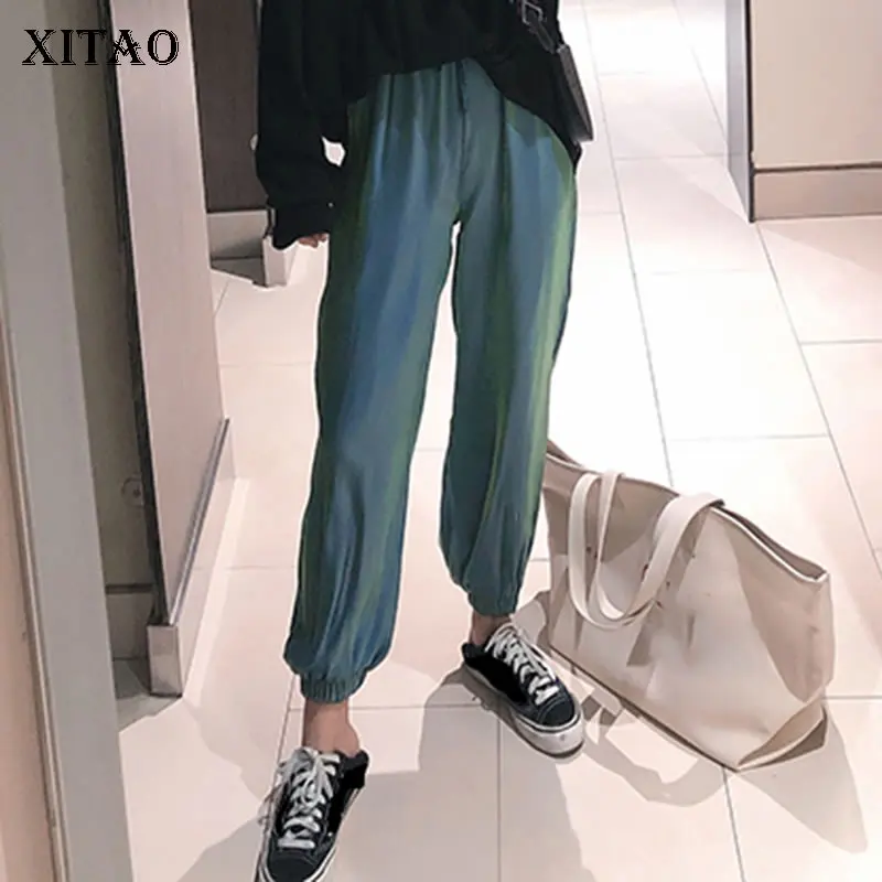 

XITAO High Waist Straight Pants Women Elastic Waist Elegant 2019 Autumn Pleated Minority Drawstring Full Length Pants GCC1175