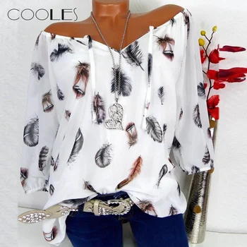 

Blusas Mujer De Moda 2020 Crop Top Women Plus Size Half Sleeve Feather Print V-neck Blouse Pullover Tops Shirt топы женские