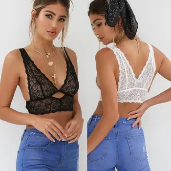 

Sexy Women Deep V Floral Lace Bralette Crop Top Translucent Mesh Seamless Bra Soft Cup Bra lingerie Erotic Underwear