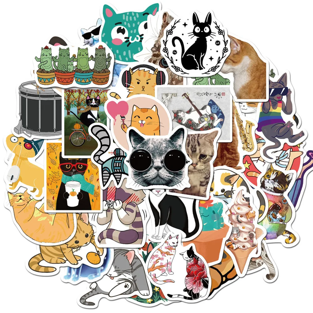 50Pcs/lot Cartoon Cat Stickers for Snowboard Laptop Luggage Car Fridge Car- Styling Vinyl Decal Home Decor Stickers