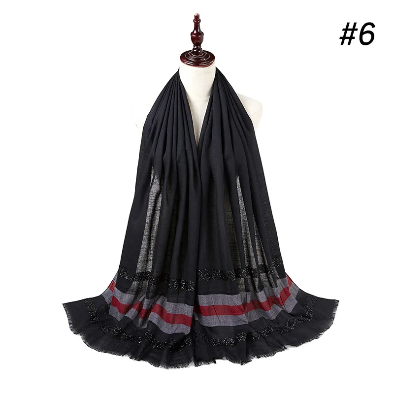 black Quality Glitter Stripe Hijab Scarf For Women Viscose Cotton Plain Color Soft Muslim Headscarf Long Hijabs Turban Arab 180x70cm - Цвет: black
