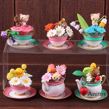 

Kawaii Bear Flower Tea Cup PVC Cute Bear Action Figure Decoration Collectible Model Toys 6pcs/set