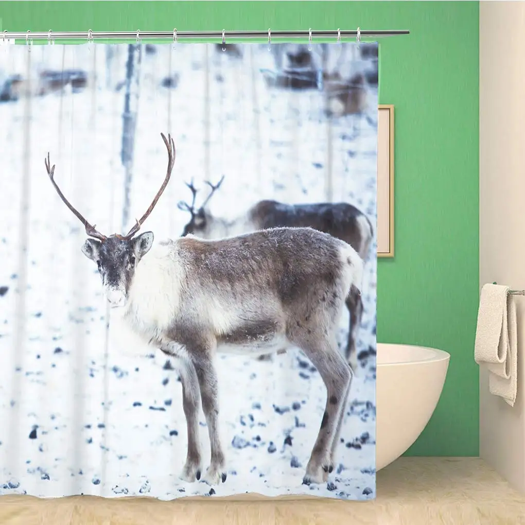 

Bathroom Shower Curtain Group Herd of Caribou Reindeers Pasturing in Snowy Landscape Northern 66x72 inches Waterproof Bath