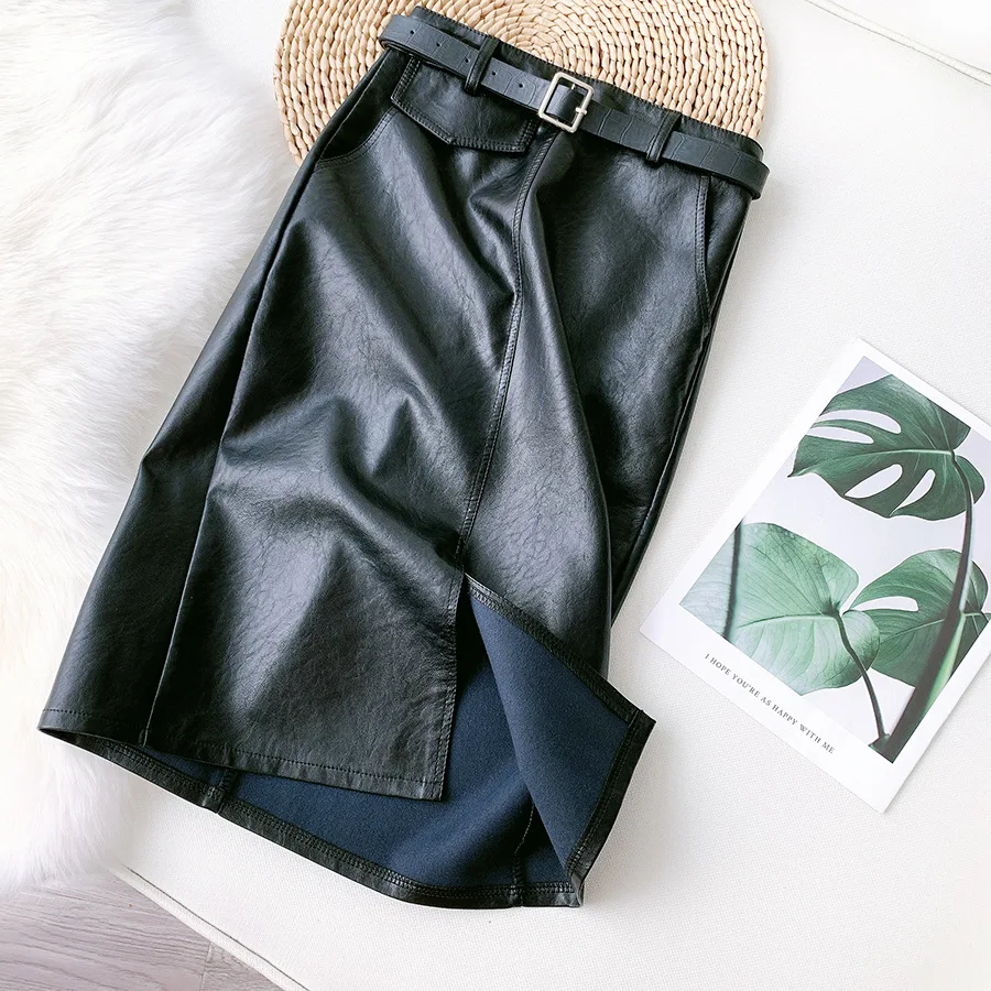 Autumn Black Faux Leather Midi Pencil Skirts with Belt Front Split Retro Slim Temperament Knee Length OL PU Leather Skirts