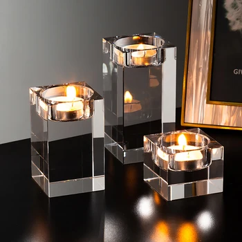 

Nordic Crystal Candle Holders Solid Crystal Clear Square Glass Tealight Candlestick for Wedding Home Decoration Centerpiece