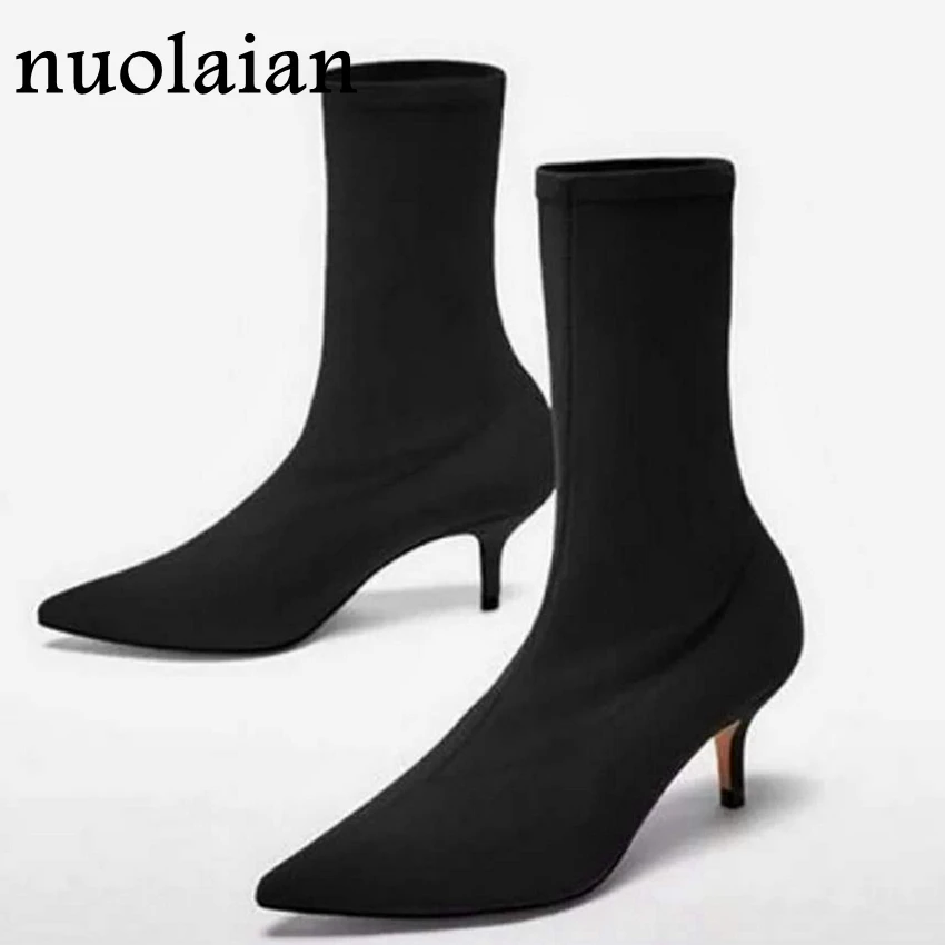 

6CM High Heels Boots Woman Stretch Fabric Ankle Boots Women Winter Boot High Heel Shoes Ladies Pump Bottine Slip On Shoe