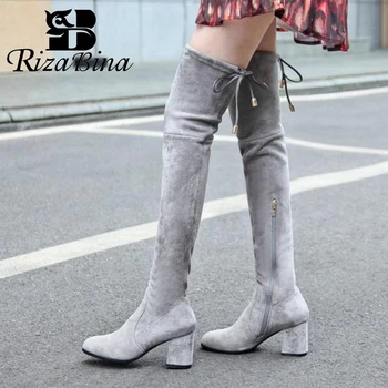 

RizaBina Size 34-43 Winter Real Leather Elastic Shoes Women Thick High Heel Over Knee Boots Female Warm Thigh High Winter Botas
