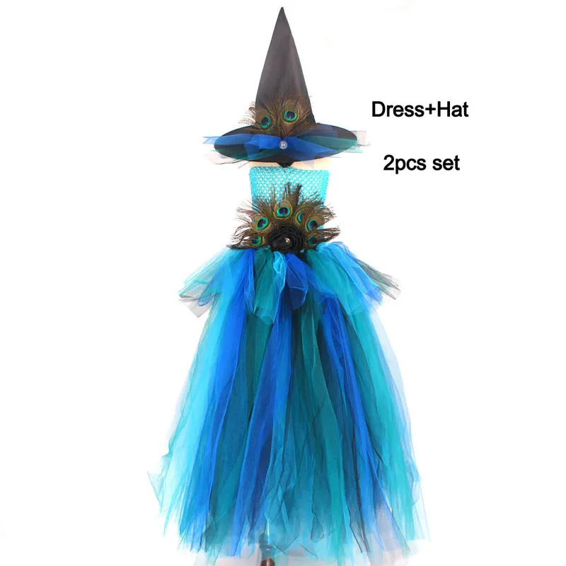 dress and hat Элегантный костюм с перьями павлина; Пышное многослойное платье-пачка с павлином и шляпой ведьмы для девочек; Детские нарядные вечерние бальные платья - Цвет: dress and hat