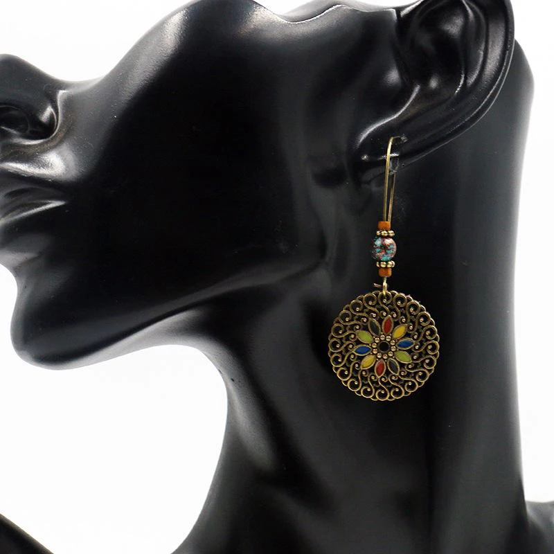 Boucles d'oreilles bohèmes rétro géométriques pour femmes, boucles d'oreilles rondes creuses de Style National pour filles, bijoux ethniques faits à la main, offre spéciale ► Photo 2/6