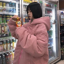 Kawaii/зимняя куртка; женская утепленная верхняя одежда; хлопковая Корейская одежда в клетку для девочек-подростков; студенческое Свободное пальто с капюшоном и длинными рукавами; Mori Girl