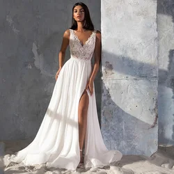 Cap Sleeve Deep V-Neck Lace White Wedding Dresses with Chiffon Floor-Length Court Train Sleeveless Bridal Gowns Side Slit Novia