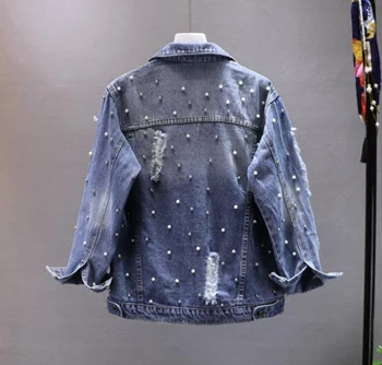 

New Fashion Spring Autumn Women's Pearl Beads Hole Washed Jeans Jacket Casual Blue Denim Coat Female Loose Cowboy Outwear