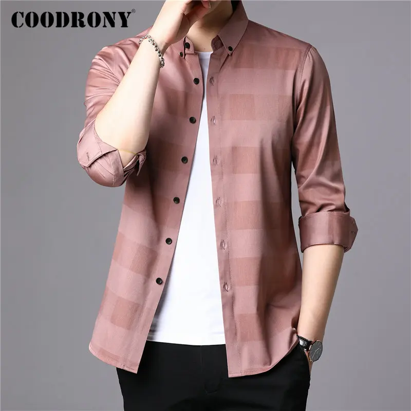 Бренд COODRONY, мужская рубашка, Новое поступление, Осень-зима, повседневные рубашки, модная клетчатая рубашка с длинным рукавом, мужская рубашка, Camisa Masculina 96079 - Цвет: Розовый