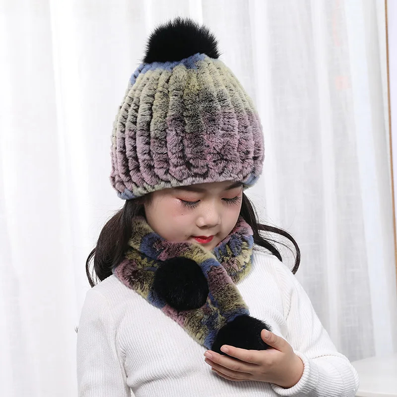 Шапка из меха кролика рекс кролик шарф Зимний теплый корейский вязаный шерстяной шапка Детский Комплект Нагрудник - Цвет: Photo Color