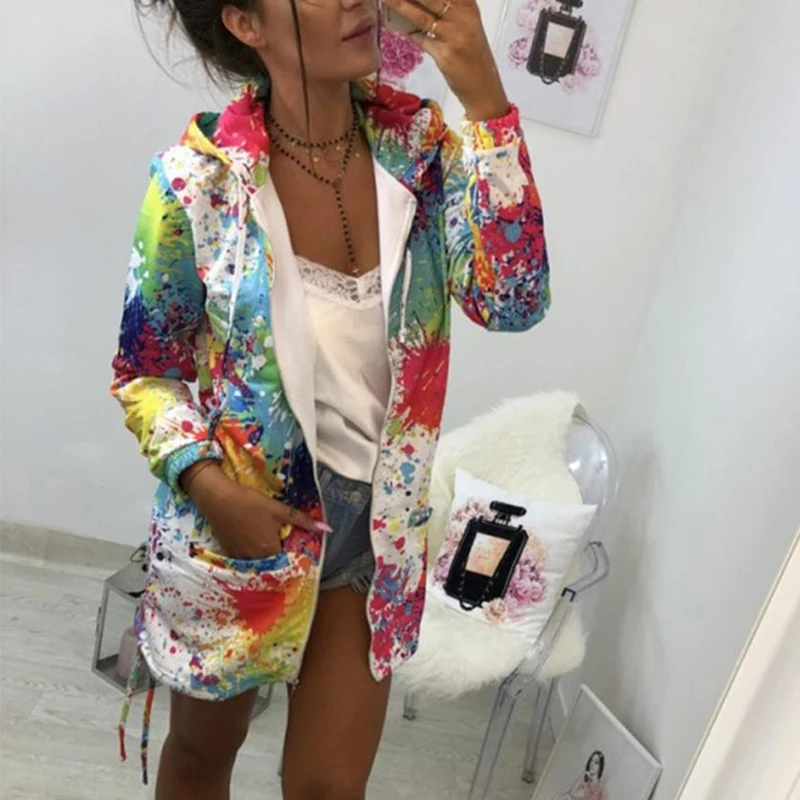 

2019 Jacket Women Long Sleeve Colorful Hooded Sweatshirt Jacket Coat Outwear Outwear Tops Denim Jacket Jaqueta Feminina Coat