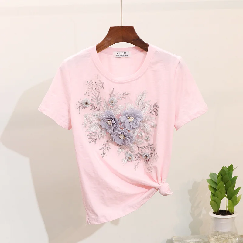 

Summer New Fashion Sequin Flowers Applique Cotton T shirt Women Tops Korean Casual Loose Short sleeve O-Neck Tshirt Ladies Top