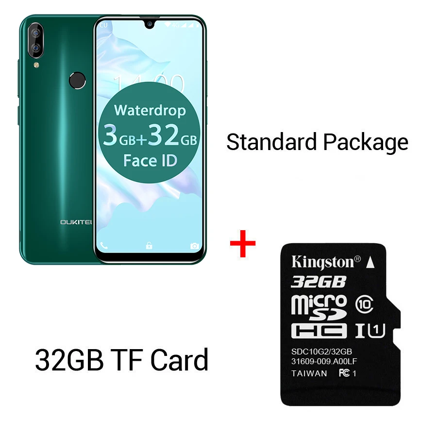 OUKITEL C16 Pro 5,71 ''Android 9,0 19:9 MT6761P 3 ГБ 32 ГБ смартфон отпечаток пальца Лицо ID капля экран 5 В/1A 4G мобильный телефон - Цвет: Green N 32GB Card
