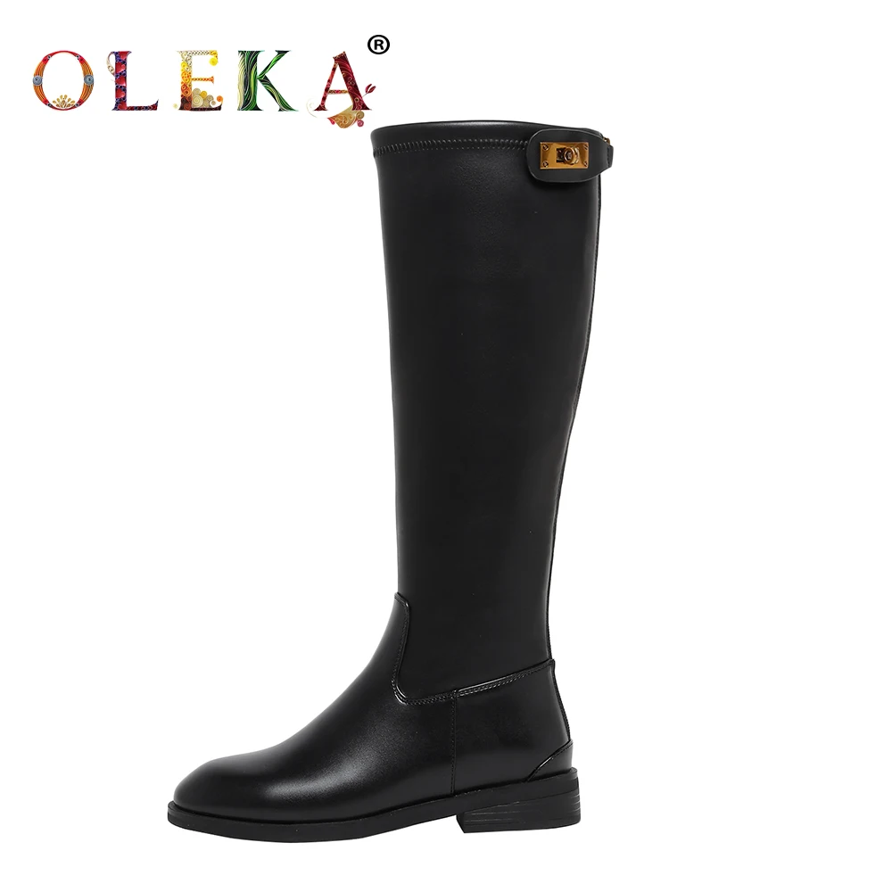 

OLEKA Knee-high Winter Boots Women Square Heel Metal Decoration Round Toe Winter Boots Mature Style Chelsea Boots New AS773