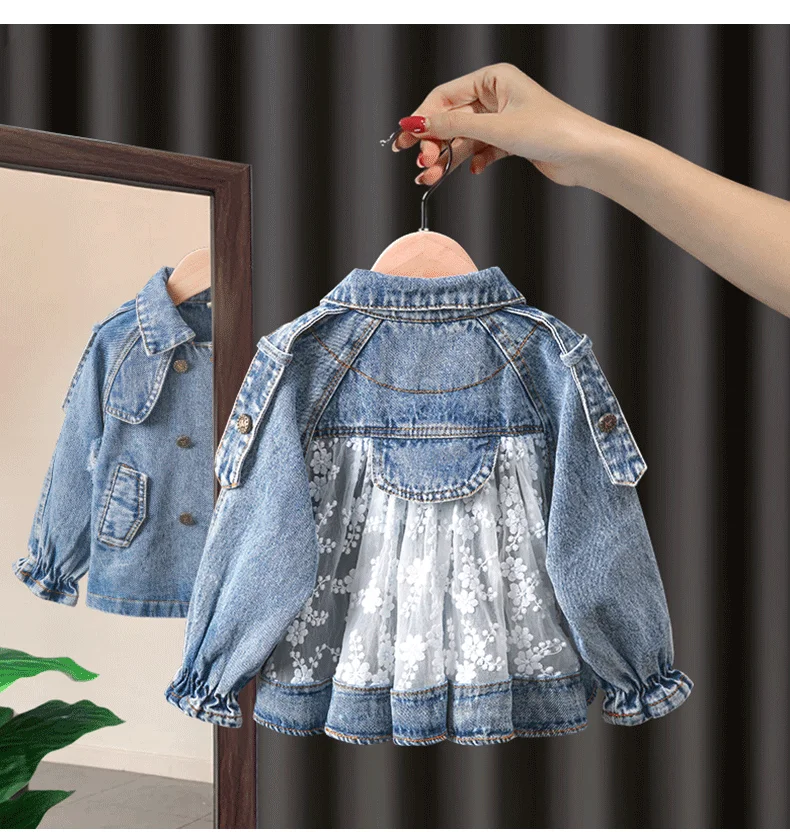 Spring Children's Denim Jackets Girl Jean Embroidery Jackets Girls Kids clothing baby Lace coat Casual outerwear Windbreaker fleece coats