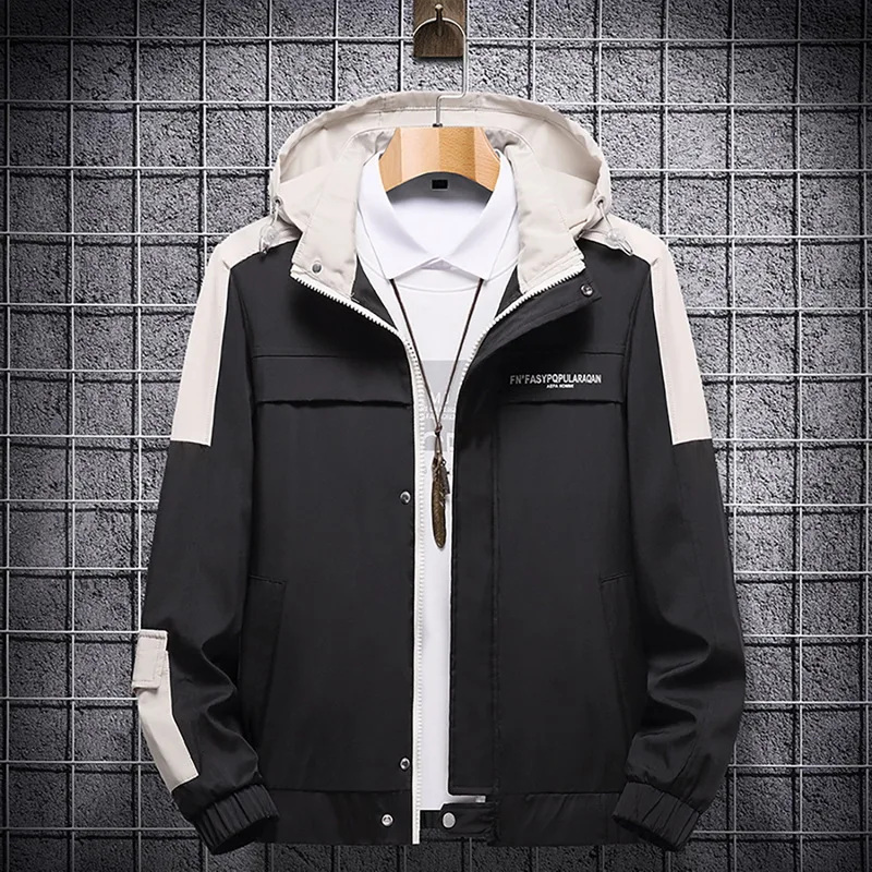 

2020 Winter And Autumn Clothes Men Stitching Color Outwear Hooded Jacket Coat Men's Fashion Slim Hooded Fashion Printed Jacket