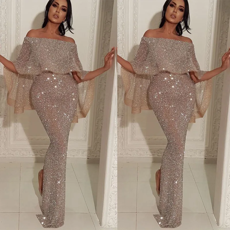 

2019 European and American new large Ruffle wrap chest shoulder dress Amazon wrap hip split evening dress