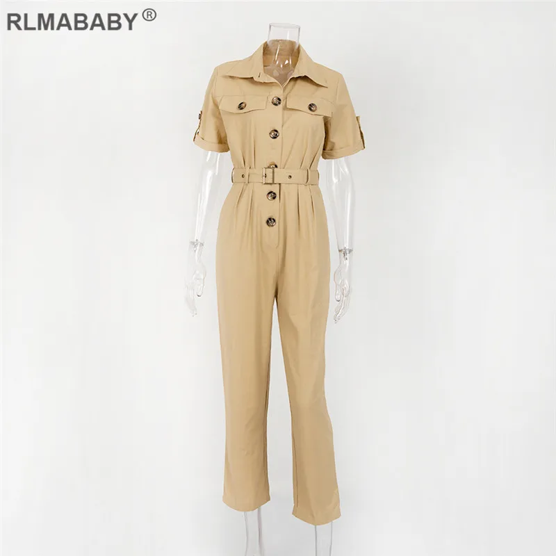 RLMABABY стиль сафари джинсовый Длинный комбинезон с отложным воротником комбинезоны с карманами комбинезон с поясом бандажный Женский Повседневный Комбинезон - Цвет: Khaki