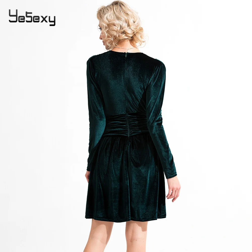 Yesexy осень зима вельветовое женское платье с длинным рукавом глубокий v-образный вырез Кристалл Тонкий элегантный женский мини-платье VR19494