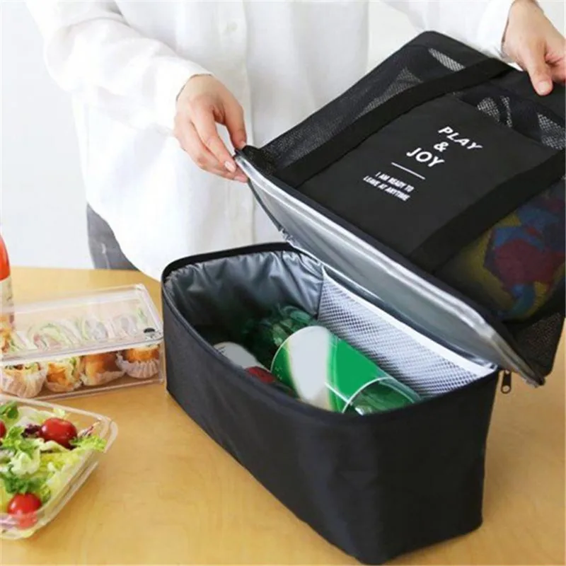 2 In 1 Women Large Mesh Beach Shopping Bag Transparent Double-Layer Insulation Picnic Oxford Cloth Bag Holiday Park Sports Bags